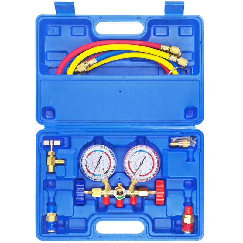 JIFETOR 3 Way AC Manifold Gauge Set, HVAC Diagnostic Refrigerant Charging Tool for Auto Household R404A R134A Refrigerant, Quick Couplers Can Tap Adapter Valve Core Tool, 3FT Hose - Image 1